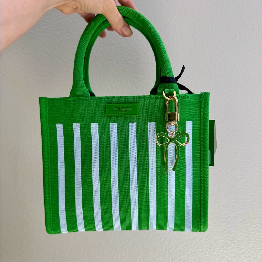 Kate Spade Green and White Striped Tote Bag WITH BOW CHARM